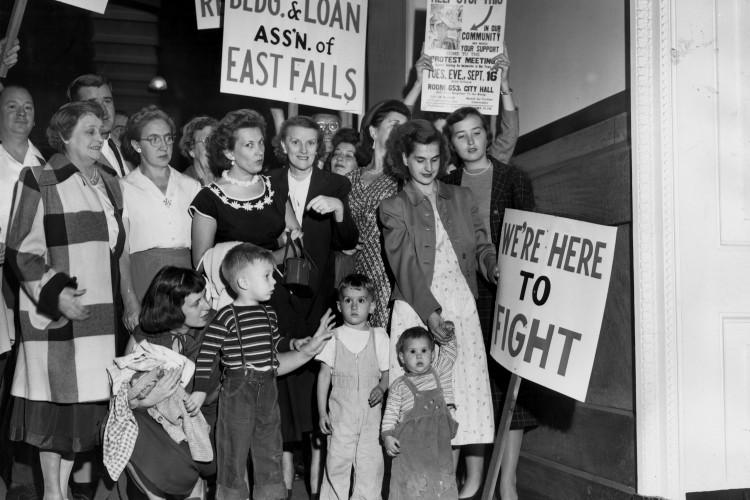 East Falls residents protest a proposed Zoning Board of Adjustments decision. Philadelphia Bulletin published this photograph in 1952. Credit: Special Collections Research Center, Temple University Libraries, Ph.